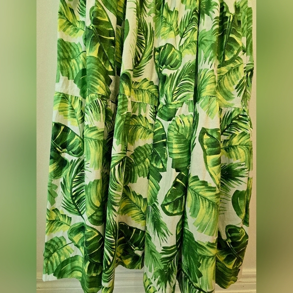 Taylor Green Leaf Pattern Maxi Dress Square Cotton Lined Smocked Back Size 10 L - Picture 3 of 9